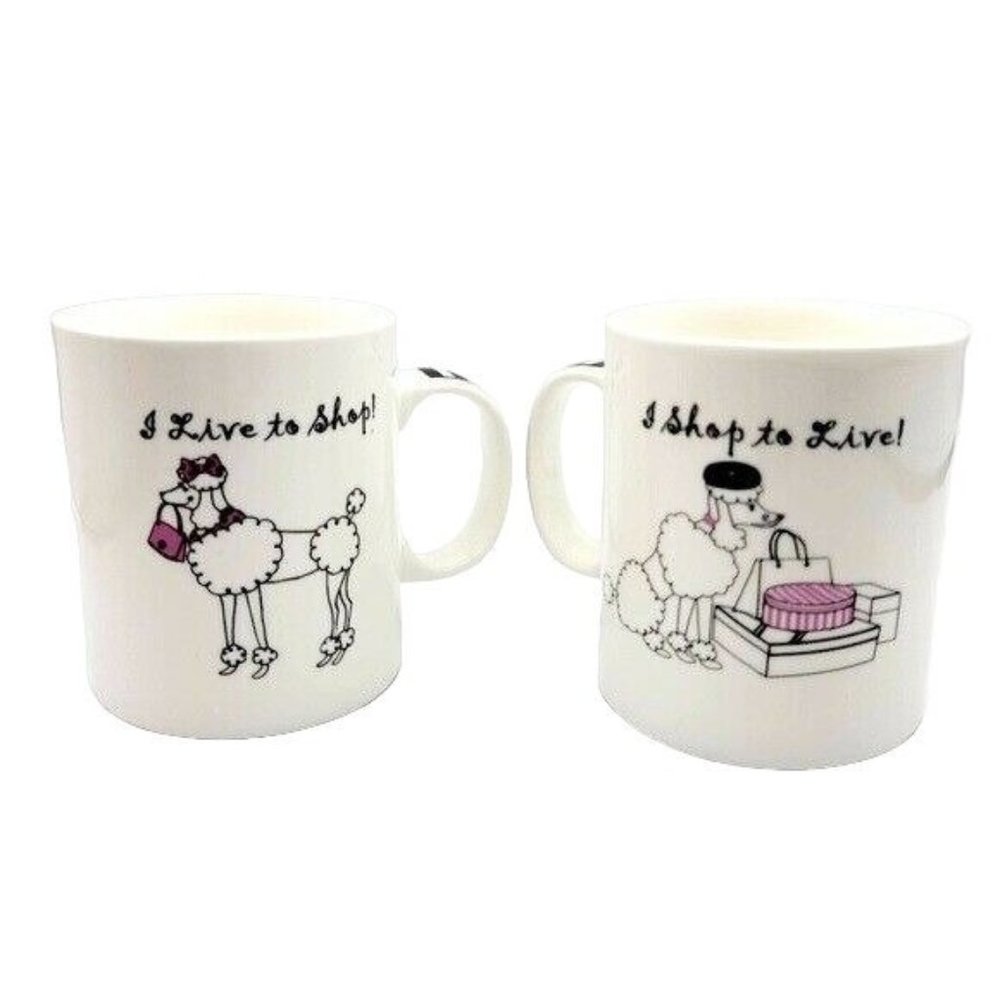 Savinio Designs Fifi Poodles Dogs 2 Mug Set 4" Live To Shop Shop To Live Purse - Picture 1 of 11
